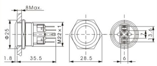 5A 250V Entlüftungsloch des Wechselstrom-Metallmomentandrucktastenschalter-22mm staubdicht